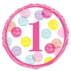 Unique Kruh - 1.narozeniny růžové puntíky 46cm 18"/45cm fóliový balónek