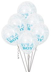 Unique Balónek transparentní 30cm potisk "It´s a boy" s modrými konfetami, 6ks