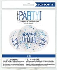 Unique Balónek transparentní 30cm potisk Happy birthday - modrostříbrné konfety, 6ks