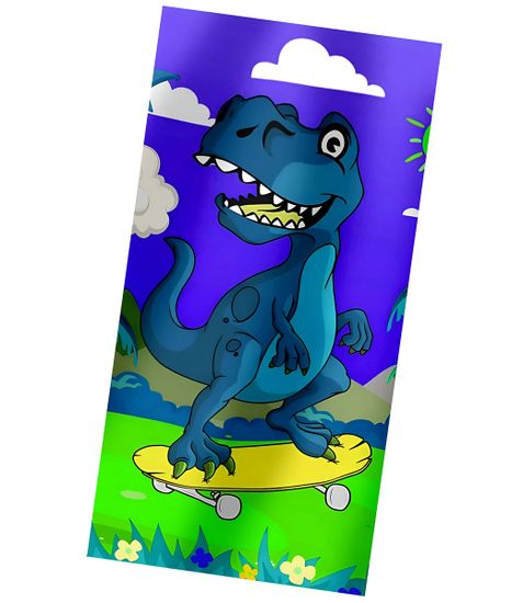 EXCELLENT Plážová osuška fialová 75x150cm - Modrý dinosaurus na skateboardu