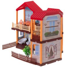 WOWO Domeček pro panenky Vila s červenou střechou s osvětlením, nábytkem a panenkami, 39,5 cm