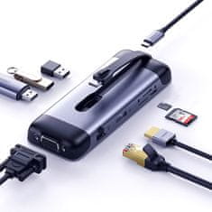 Greatstore Multifunkční HUB 9v1 USB-C na HDMI 3x USB čtečka karet SD micro SD VGA RJ45 USB-C - šedý