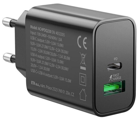 Levně GoGEN síťová nabíječka s USB/USB-C, PD 30W a Fast Charge, ACHPD 230 B, černá (GOGACHPDQ230B)
