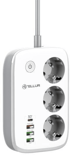 Tellur WiFi Smart Power Strip, 3x zásuvka, 2x USB 2.4A, 1x USB QC18W, 1x USB-C PD30W, 2m, bílá (TR0127)