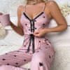 Dámské pyžamo s krajkovými detaily a srdíčkovým vzorem, Dlouhé Pyžamo, Dámská Pyžama | LUNAR Dlouhé (Růžová, L)