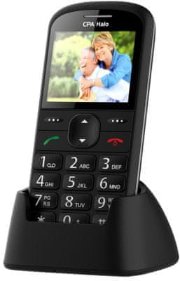 CPA Halo 21 Senior, mobil pro seniory, velká tlačítka, SOS tlačítko, fotokontakty, nabíjecí stojánek, velký displej, velká písmena VGA fotogaparát SOS funkce SOS sdílení polohy sms zpráva s aktuální polohodou služby pro seniory telefon pro seniory nouzové sdílení polohy FM rádio kalkulačka základní funkce jednoduchý telefon pro seniory LED svítilna čitelná tlačítka přehledný displej dlouhá výdrž baterie