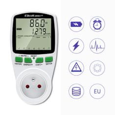 Qoltec Wattmetr PM0627 měřič spotřeby energie s historií měření| 3680W | 16A | LCD displej