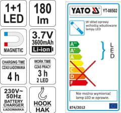 YATO Lampa montážní 1+1 LED, bezpřívodová, 3,7V Li-ion, magnet+hák, 180lm
