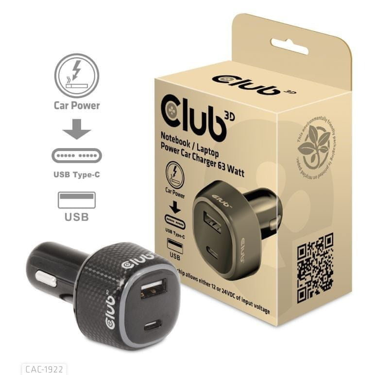 Club 3D Auto nabíječka pro Notebooky 63W, 2 porty CAC-1922 (USB-A + USB-C)