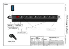 Triton Rozvodný panel 19“ 1U; 7 x zásuvka podle ČSN, max. 16 A; kabel 3 x 1,5 mm, 2 m + zástrčka univerzál CZ-DE max. 16