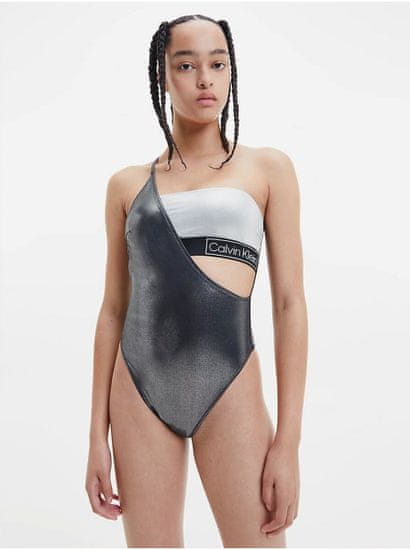 Calvin Klein Bílo-černé dámské metalické jednodílné plavky s průstřihem Calvin Klein Underwear