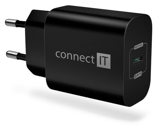 univerzální adaptér cestovní USB CONNECT-IT Voyager2 nabíjecí adaptér 1×USB-C, 25W PD, černý CWC-2070-BK PowerDelivery mobilní telefon tablet