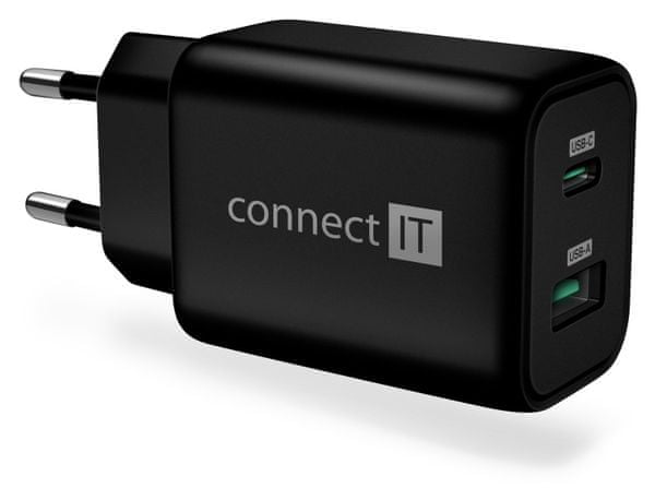univerzální adaptér cestovní CONNECT-IT Wanderer2 nabíjecí adaptér USB-C USB-A 33W PD CWC-2080-BK Power Delivery technologie GaN mobilní telefon tablet