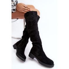 Vysoké boty nad kolena s plochými podpatky Černá velikost 37