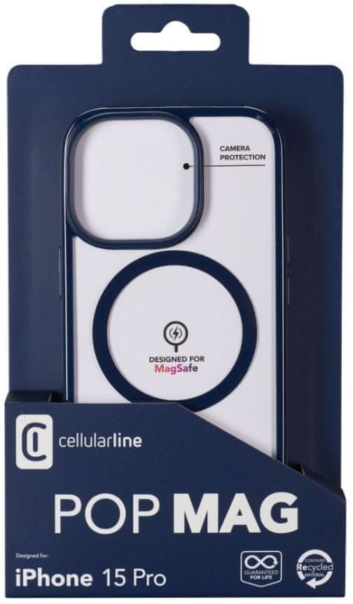 Levně CellularLine Zadní kryt Pop Mag s podporou Magsafe pro Apple iPhone 15 Pro, čirý / modrý (POPMAGIPH15PROB)