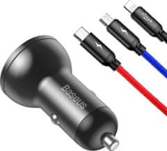 BASEUS Car Charger Digital Display 2xUSB with 3-in-1 Cable 1.2m, 24W 4.8A, Black/Gray (TZCCBX-0G)
