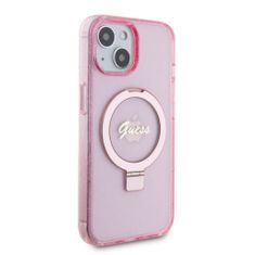 Guess  IML Ring Stand Glitter MagSafe Zadní Kryt pro iPhone 15 Pink