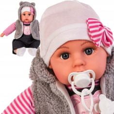 iMex Toys Doris Mluvící panenka s dudlíkem v šedém kožichu