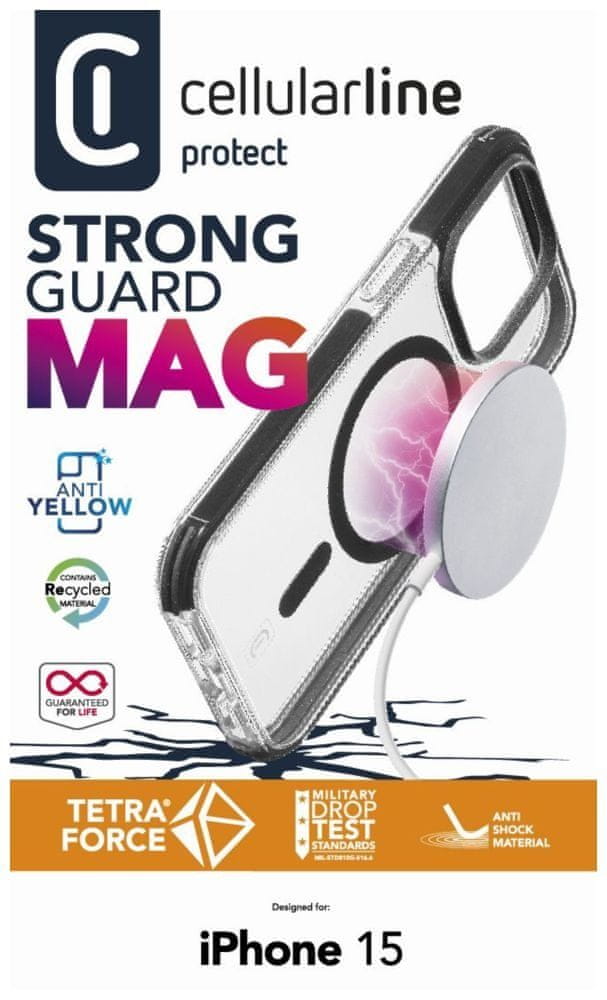 Levně CellularLine Ochranný kryt Tetra Force Strong Guard Mag s podporou Magsafe pro Apple iPhone 15, transparentní (TETRACMAGIPH15T)
