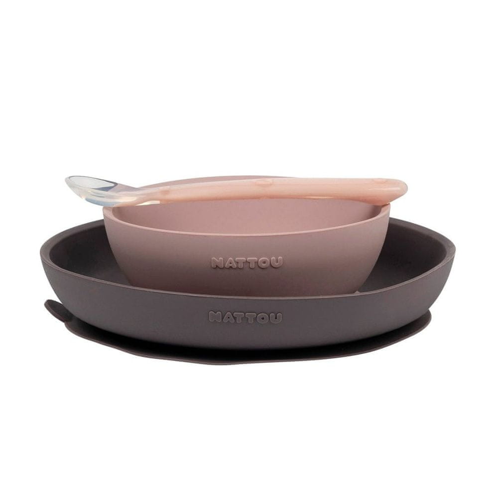 Levně Nattou Set jídelní silikonový 3 ks fialovo-růžový bez BPA