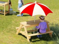 Dětský dřevěný stůl s lavicemi a slunečníkem