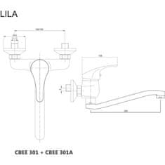 Mereo Lila dřezová baterie nástěnná 150 mm s ramínkem plochým vyhnutým 210 mm CBEE301 - Mereo