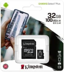 Kingston Paměťová karta microSDHC 32GB UHS-I U1 SDCS/32GB Canvas Select Plus, samostatně