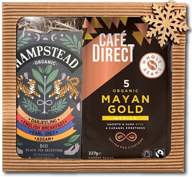 Levně Cafédirect Dárkový balíček Mayan Gold zrnková káva 227 g a selekce černých čajů 20 ks