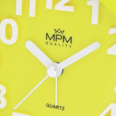 MPM QUALITY Analogový kovový budík MPM Happy Morning, žlutá