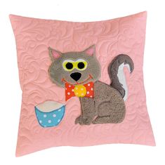 Handy Pets Patchwork - Povlak na dětský polštářek - Kočka s miskou - růžová 44 x 44 cm