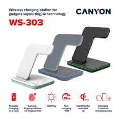 Canyon Bezdrátová nabíječka WS-303DG,3v1,vstup 9V/2A,12V/2A,výstup 15/10/7.5/5W, USB-C > USB-A, vč. AC adaptéru,šedá
