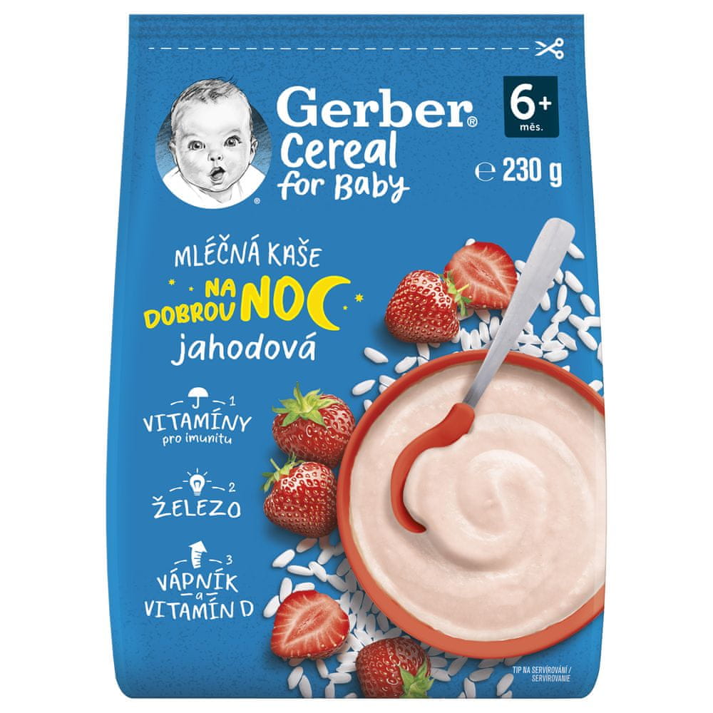 Gerber Cereal mléčná kaše jahodová Dobrou noc 230 g