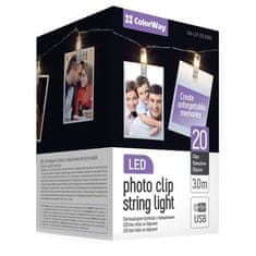 ColorWay LED fotokolíčky 20 kolíčků, délka 3m, USB, teplá bílá