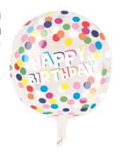 Unique Fóliový balónek kulatý Happy Birthday tečkovaný 38cm