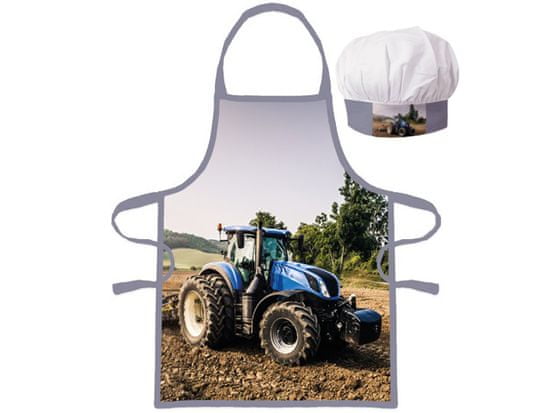 BrandMac Dětská zástěra s kuchařskou čepicí Modrý traktor