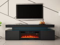 Veneti TV stolek s elektrickým krbem USOA - lesklý černý + LED osvětlení ZDARMA