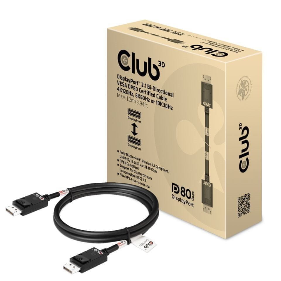 Levně Club 3D adaptér aktivní DisplayPort 2.1 na DisplayPort 2.1 4K120Hz/8K60Hz HDR (M/M), 1.2m, černá