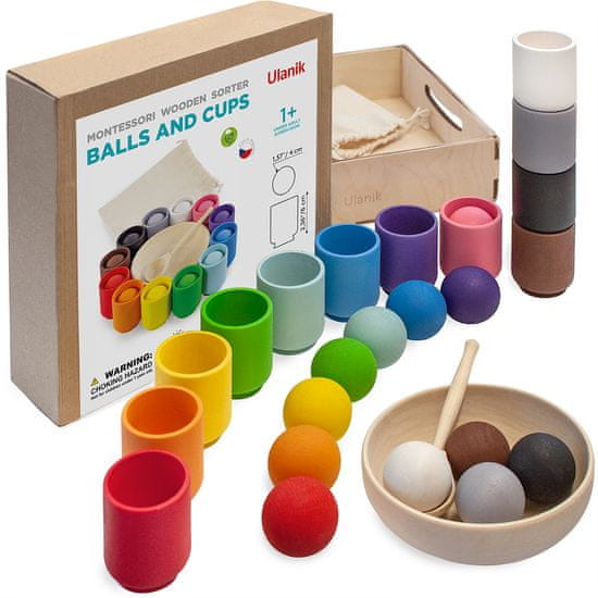 Ulanik Montessori dřevěná hračka "Balls in cups big“ pro nejmenší