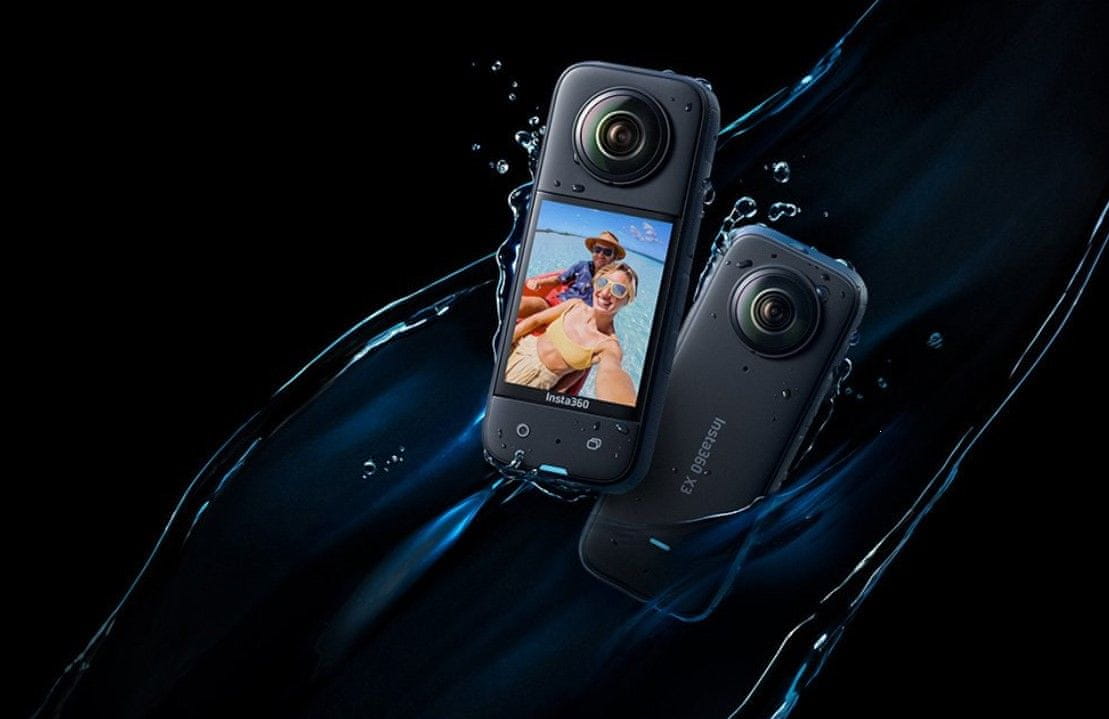  moderní akční modulární kamera insta360 x3 se skvělým 360 stupňovým objektivem 5.7k videa úpravy v mobilní appce odolná vodě extra robustní 