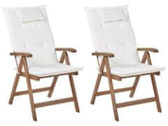 Beliani Sada 2 zahradních skládacích židlí z tmavého akáciového dřeva s krémově bílými polštáři AMANTEA