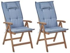 Beliani Sada 2 zahradních skládacích židlí z tmavého akáciového dřeva s modrými polštáři AMANTEA