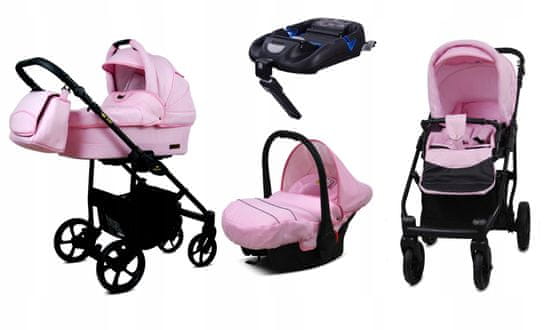 Babylux AIR Sweet Pink | 4v1 Kombinovaný kočárek Set | Kočárek + Korbička + Dětská autosedačka + ISOFIX