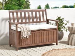 Beliani Zahradní lavice z akátového dřeva s úložným prostorem 120 cm tmavá/krémový polštář SOVANA