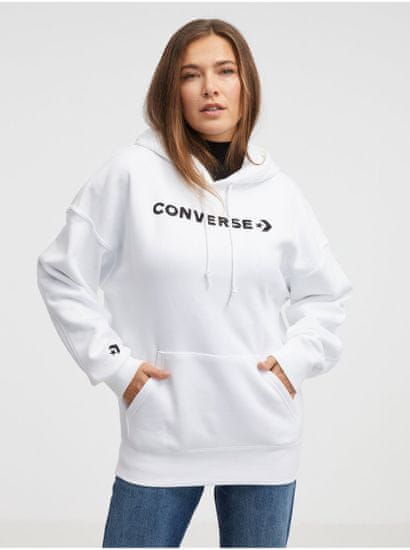 Converse Bílá dámská mikina s kapucí Converse Embroidered Wordmark