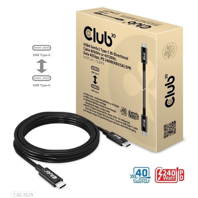 Levně Club 3D Kabel USB4 Gen3x2 Typ C 8K60Hz UHD Power Delivery 240W, (M/M), 300cm (CAC-1579)