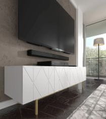 Homlando TV stolek KAIRO 4D 180 cm frézovaná bílý mat na zlatém rámu