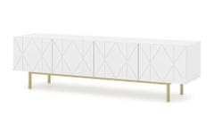 Homlando TV stolek KAIRO 4D 180 cm frézovaná bílý mat na zlatém rámu