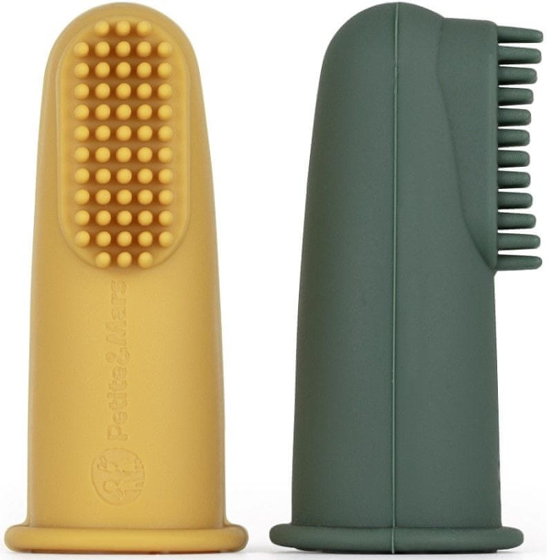Levně Petite&Mars Sada silikonových zubních kartáčků na prst Ochre&Green 2 ks 0m+