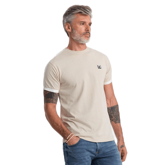 OMBRE Pánské bavlněné tričko V7 S1632 krémové MDN124105