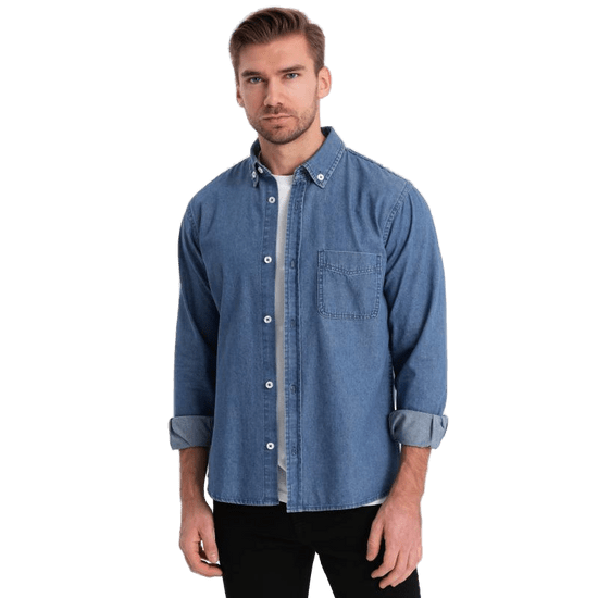OMBRE Klasická pánská džínová košile SLIM modrá MDN124130